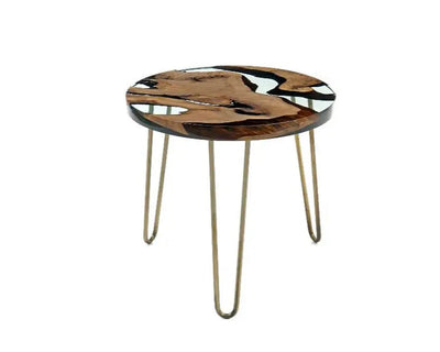 Round walnut wood side table with clear epoxy resin and straight edges