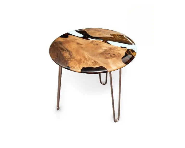 Round walnut wood side table with clear epoxy resin top and rounded edges from Osso Collection