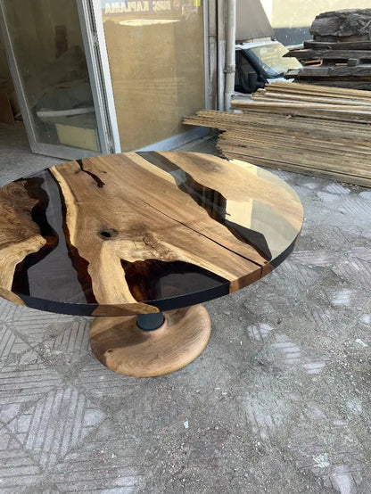 Custom round epoxy resin walnut dining table with wood and metal base