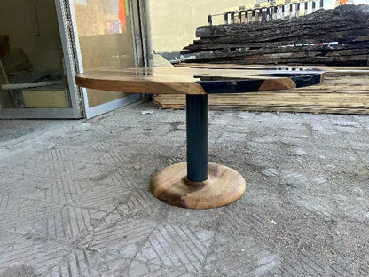 Custom round epoxy resin walnut dining table with wood and metal base
