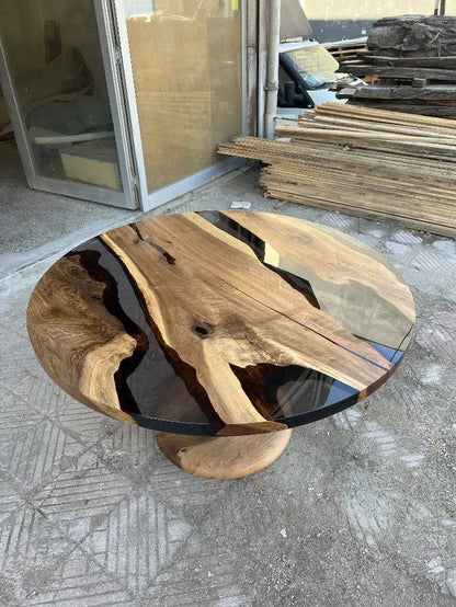 Custom round epoxy resin walnut dining table with wood and metal base