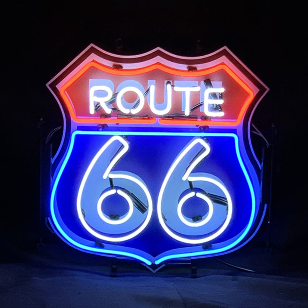 Route 66 Mother Road Neon Sign illuminated, mounted on metal grid backing