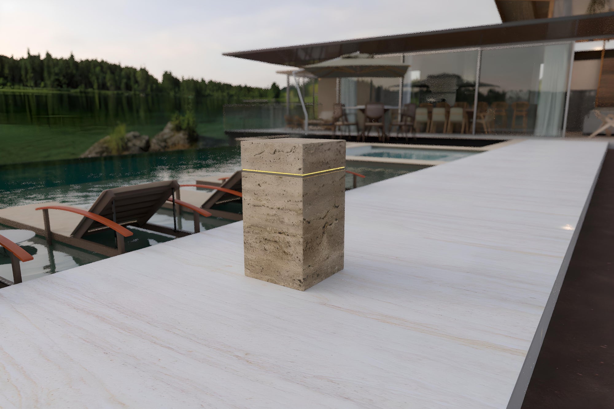 Luxury Travertine Marble Side Table with warm LED light band in outdoor patio setting