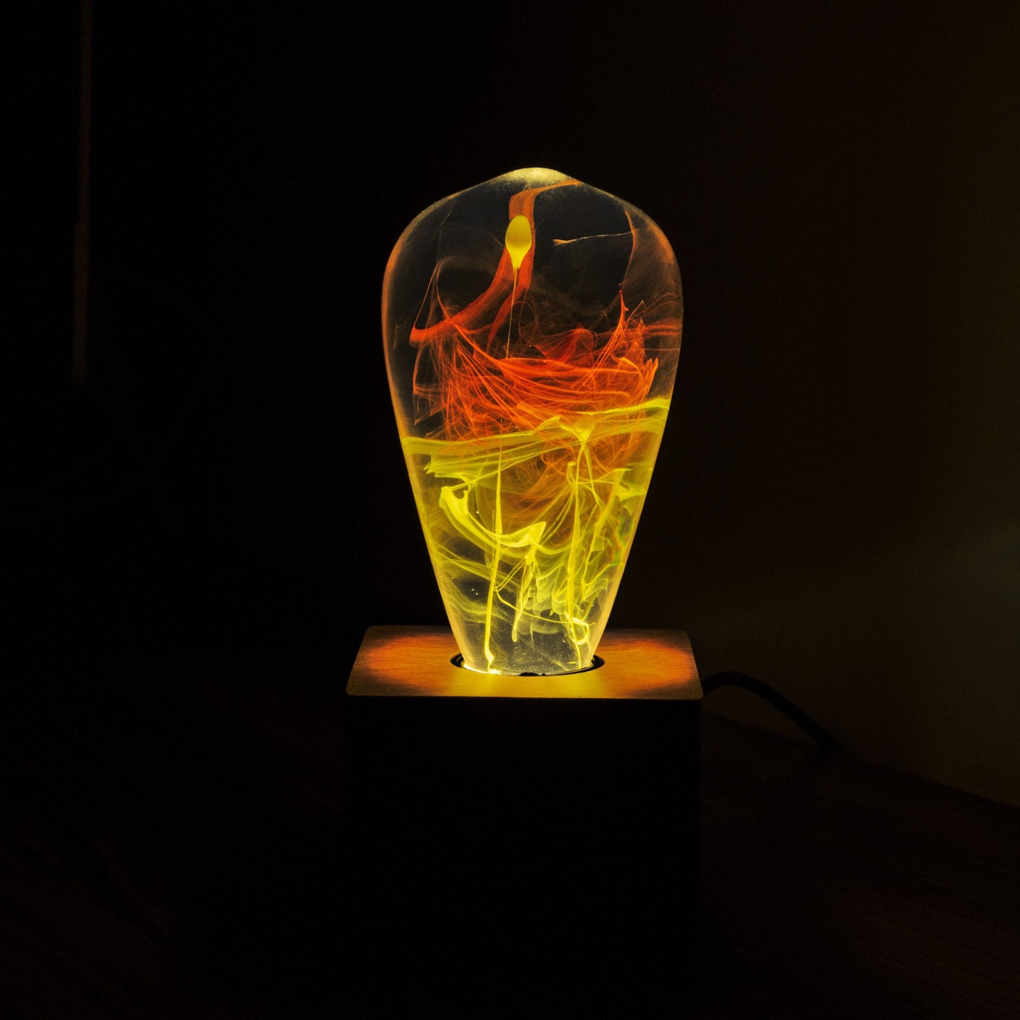 Solar Corona Resin LED Table Lamp with wooden cube base by EP Designlab