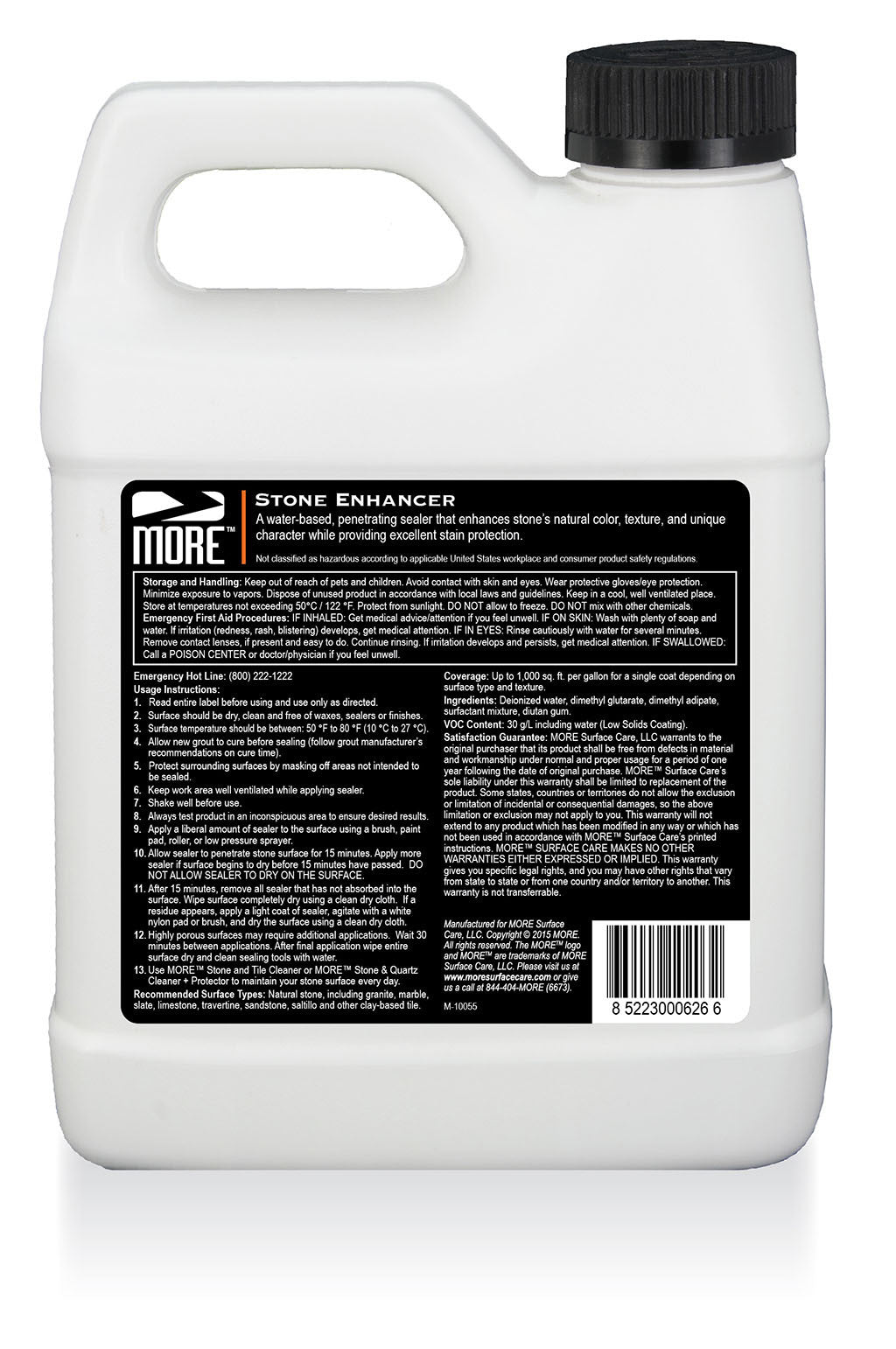 White plastic container with black screw cap labeled MORE® Stone Enhancer featuring product description and usage instructions on a black and white label.