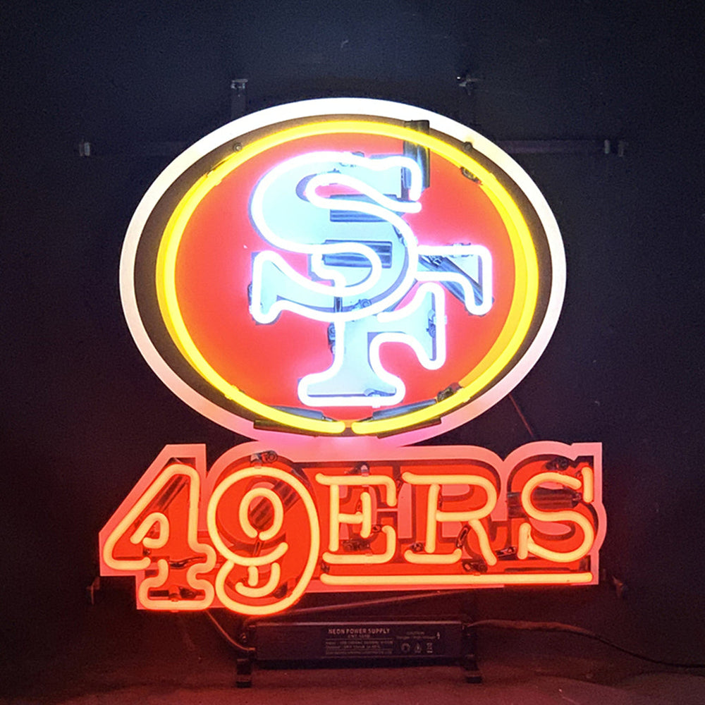 SF San Francisco 49 ERS Neon Signs Light showing illuminated red neon letters on a metal grid backing