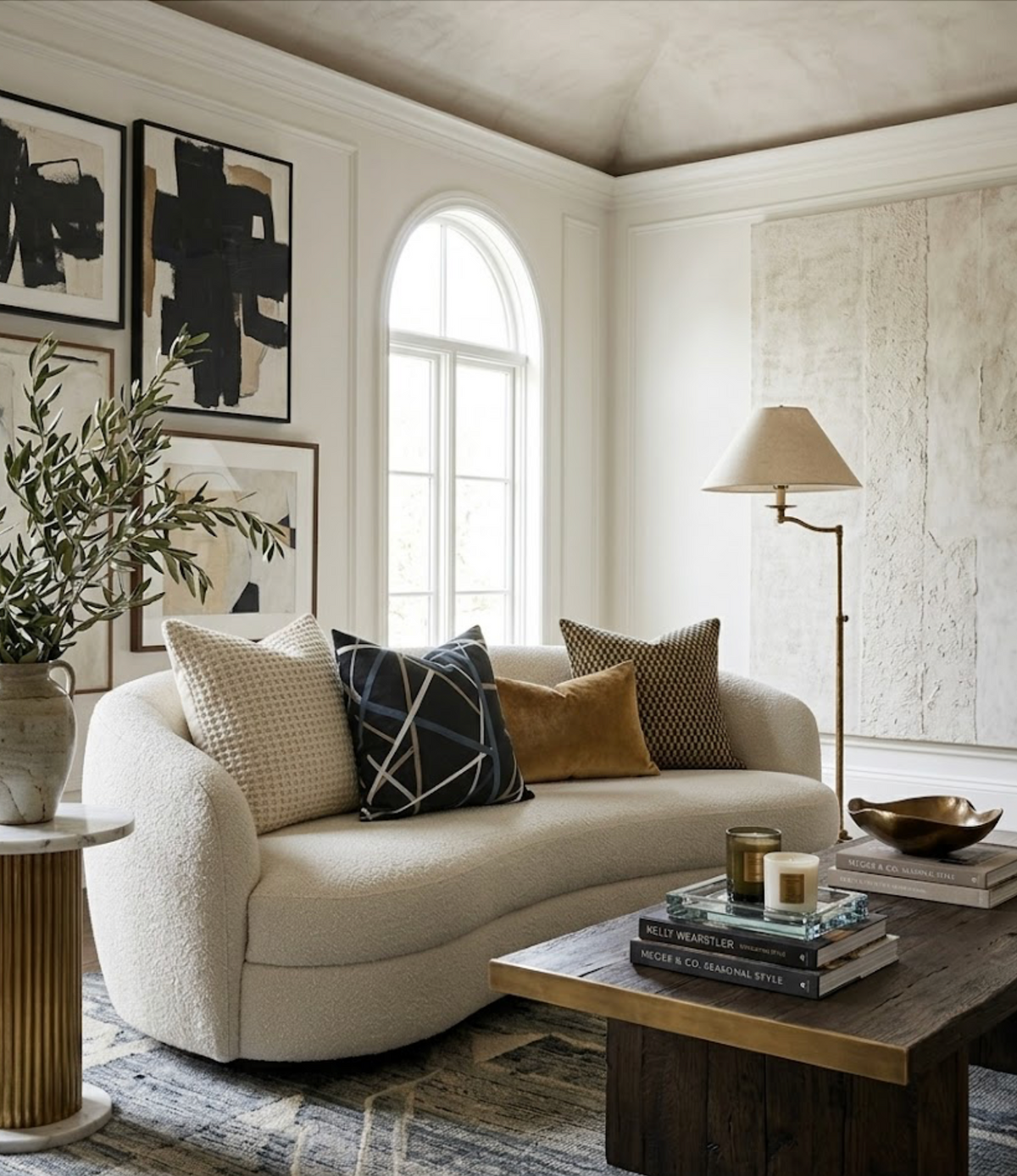 Curved cream boucle sofa with assorted textured pillows including black and white geometric, set in a soft-lit room with arched window and modern abstract black-and-white wall art.