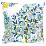 Square pillow cover with a blue and yellow botanical print featuring citrus branches and flowers on a white background with butterfly accents