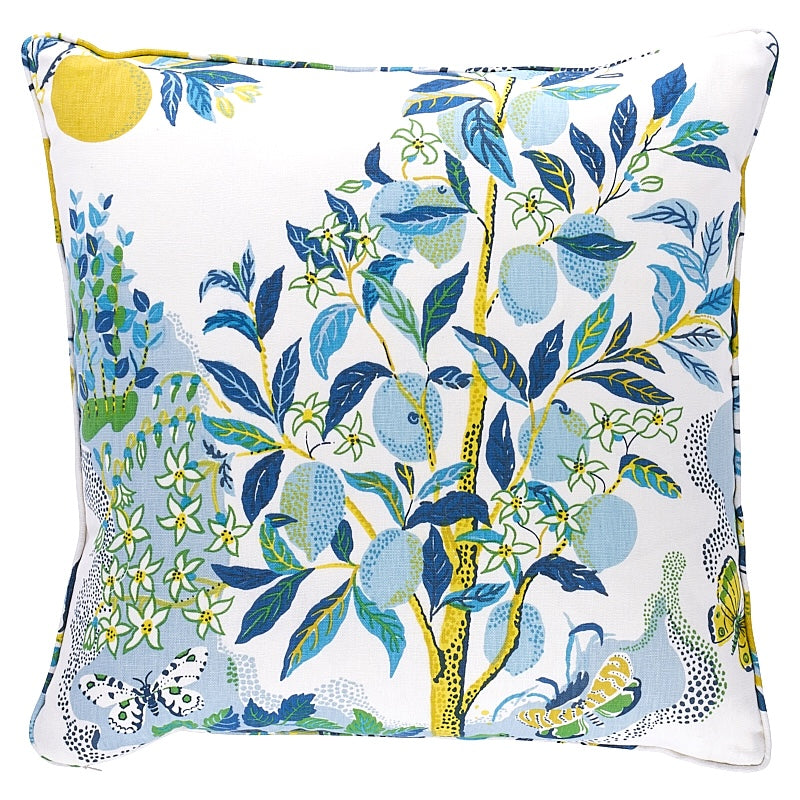 Square pillow cover with a blue and yellow botanical print featuring citrus branches and flowers on a white background with butterfly accents