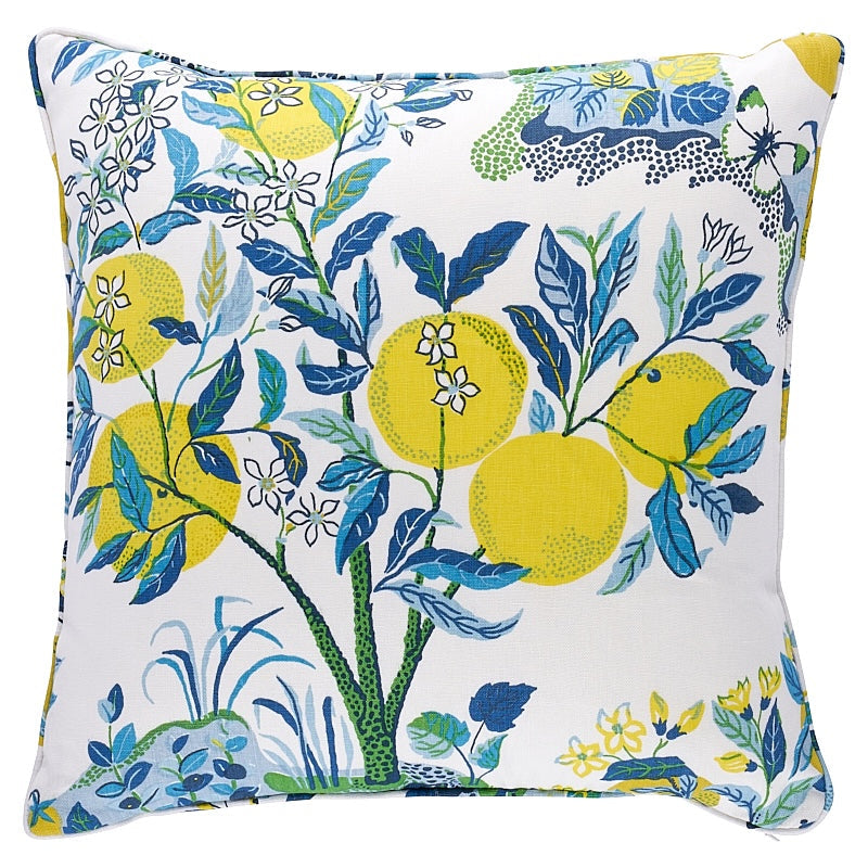 Outdoor Schumacher Citrus Garden Pillow Cover in Pool showing citrus pattern and ivory back