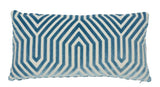 Rectangular velvet pillow cover featuring a marine blue geometric maze pattern on a white background, displaying a soft texture with crisp edges.