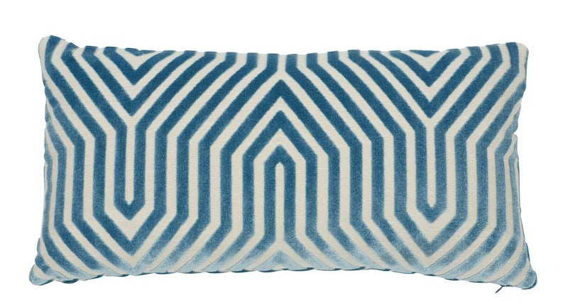 Rectangular velvet pillow cover featuring a marine blue geometric maze pattern on a white background, displaying a soft texture with crisp edges.