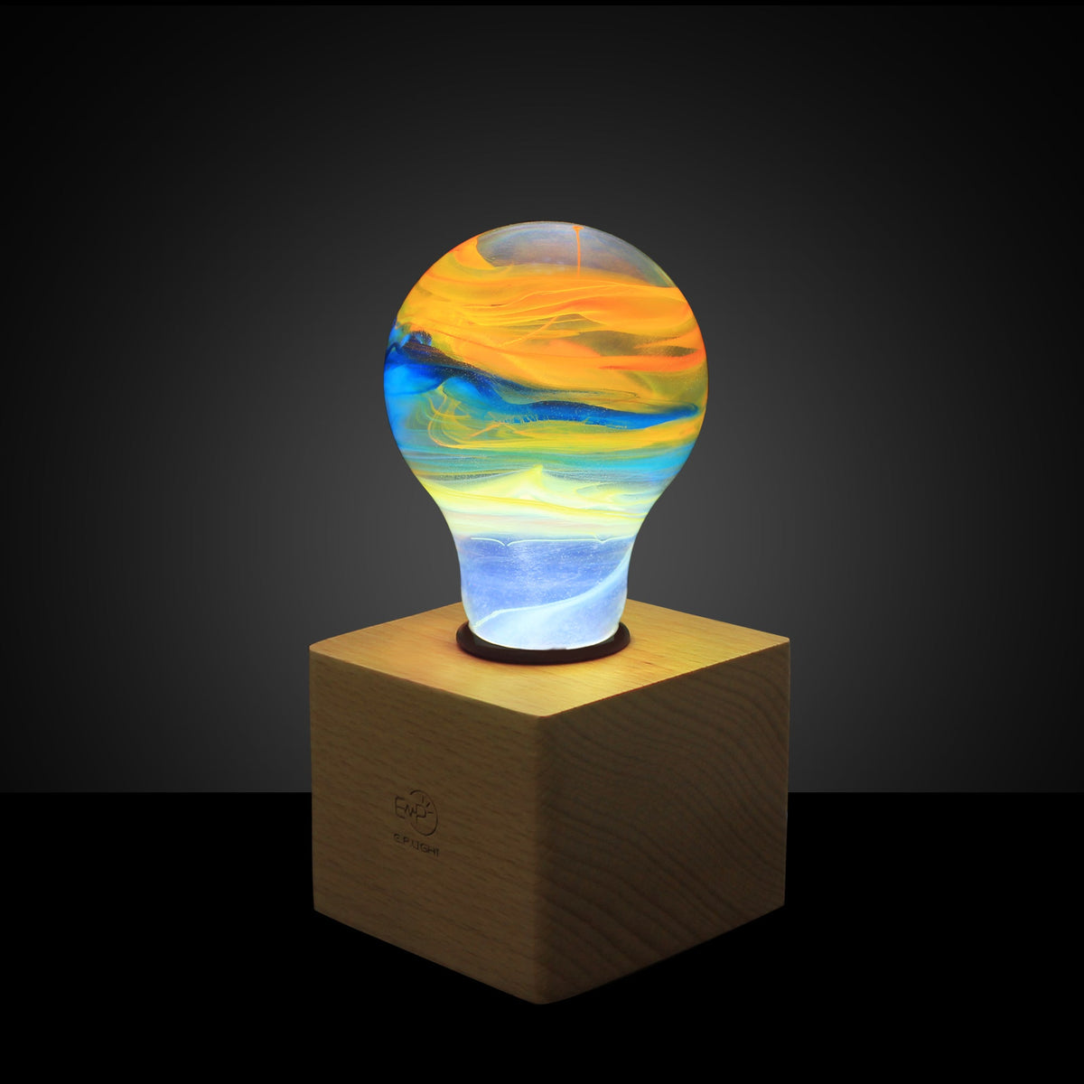 EP Light Solar System Resin LED Lamp with wooden base showing handcrafted resin design