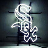 SOX Sport Logo Neon Signs Light showing white neon light on metal grid backing, hanging from metal chain indoors