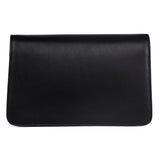 Smooth black leather clutch with clean stitching along edges, shown front-facing against a white background