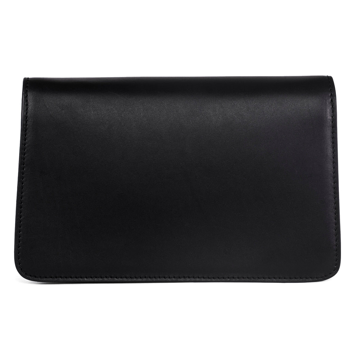 Smooth black leather clutch with clean stitching along edges, shown front-facing against a white background