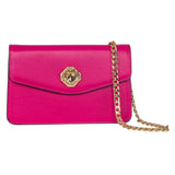 Vibrant fuchsia leather clutch with a gold-tone octagonal Swarovski stone clasp and a matching gold chain shoulder strap, shown against a white background.