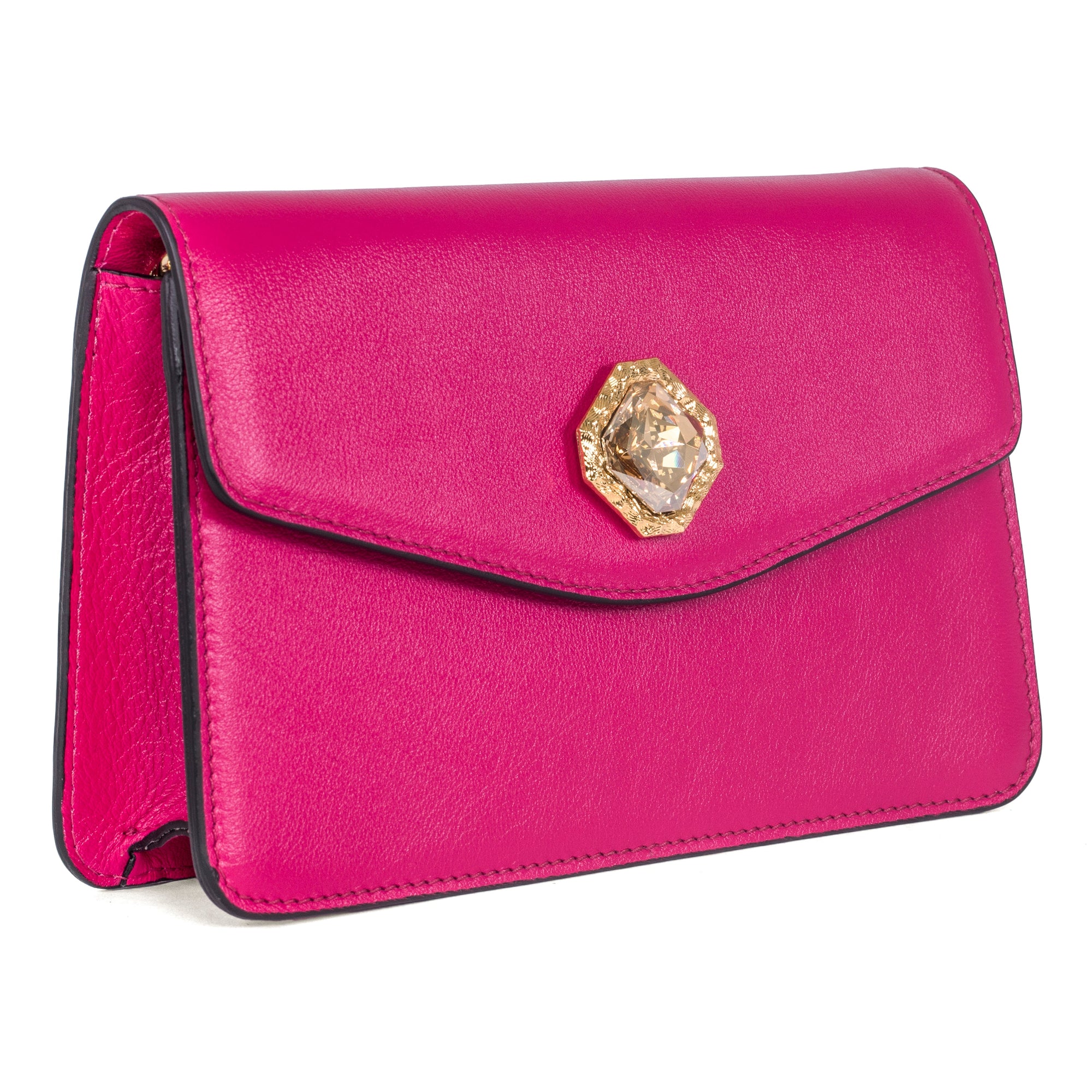 Vibrant fuchsia leather clutch with a central Swarovski crystal stone and gold chain strap.