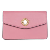 Soft pink leather clutch featuring a central octagonal clear Swarovski stone surrounded by gold-toned embellishments on the front flap.