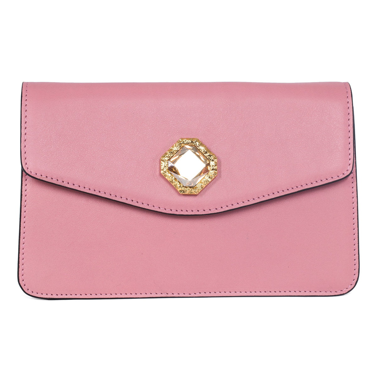 Soft pink leather clutch featuring a central octagonal clear Swarovski stone surrounded by gold-toned embellishments on the front flap.