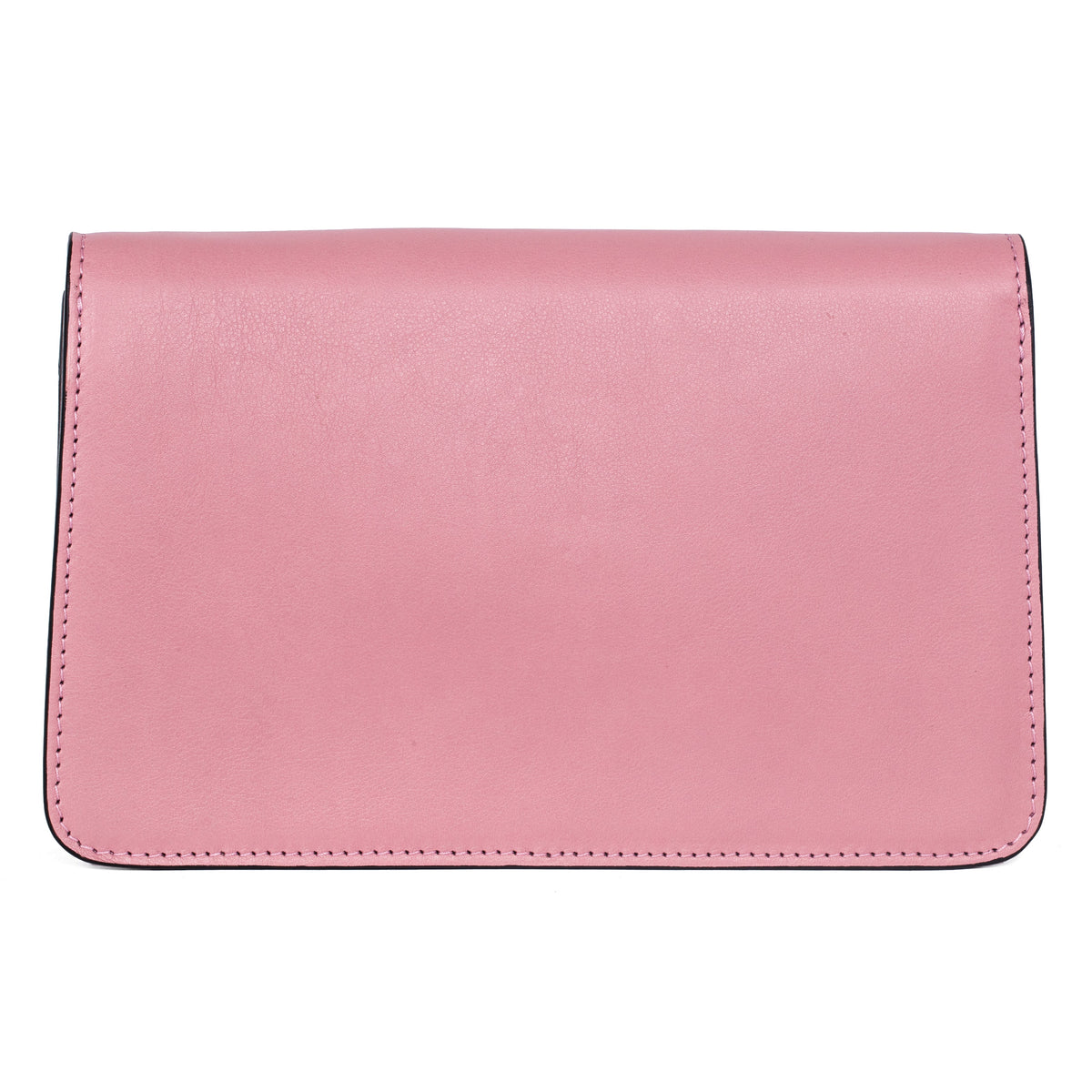 Soft pink leather clutch with rounded corners and neat black topstitching along edges, shown flat with front side facing forward against white background.