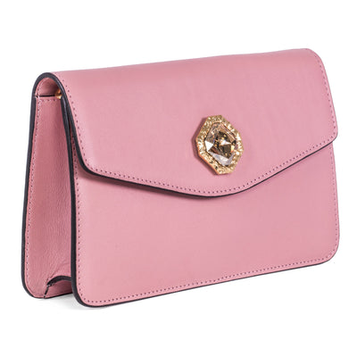 Soft Pink Leather Clutch with central Swarovski crystal stone and gold chain by Allysa Payne Beverly Hills