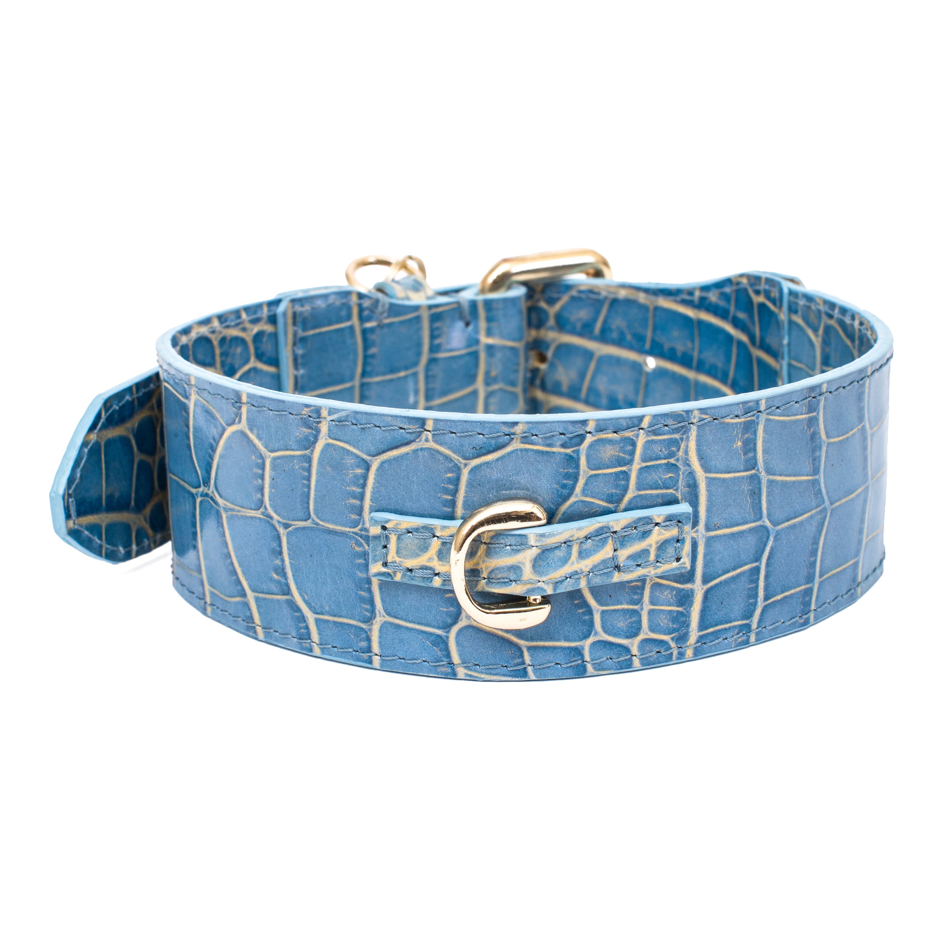 Luxury Pet Fashion Blue/Gold Stamped Leather Faux Croc Italian Leather Collar