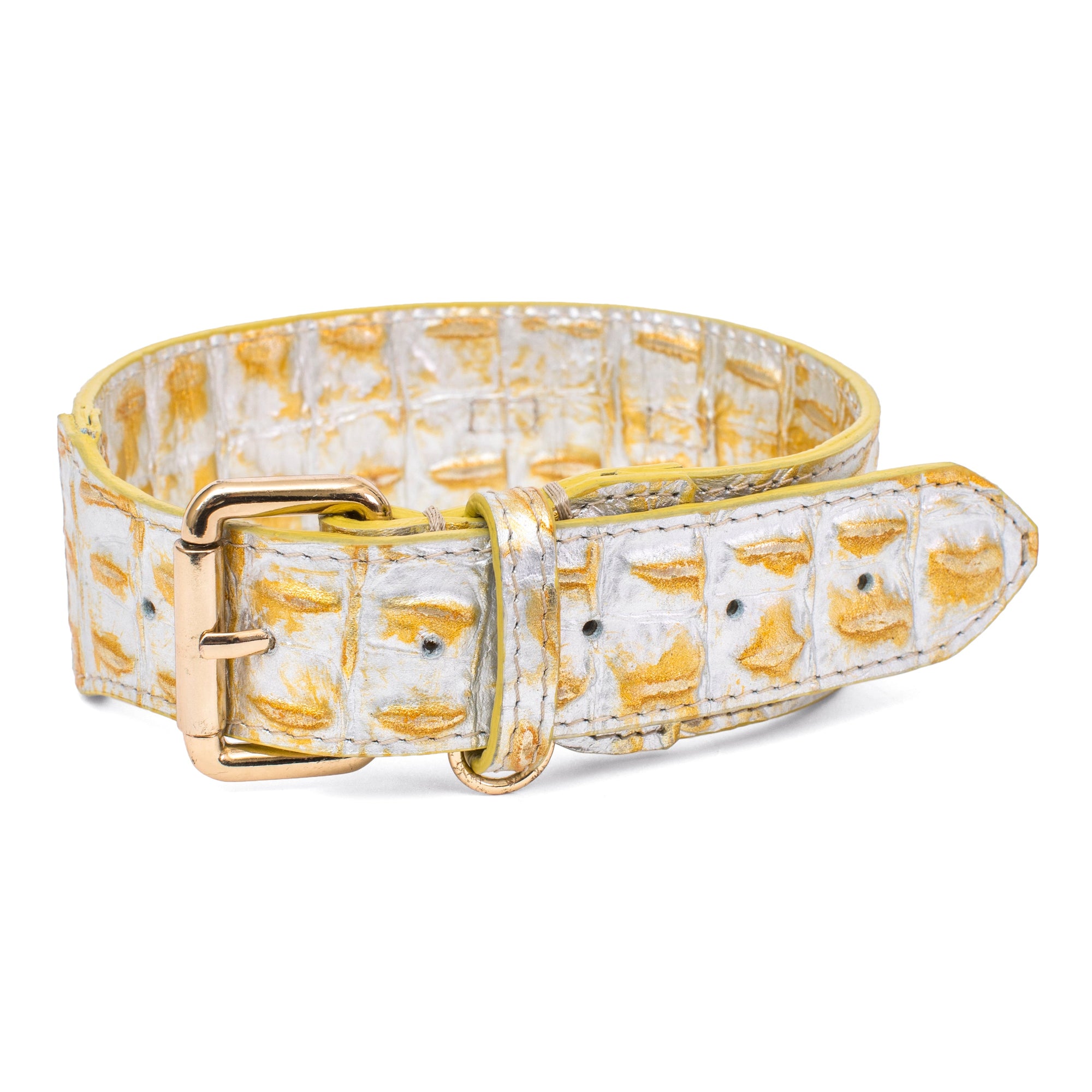 Gold and silver embossed croc Italian leather dog collar with gold hardware