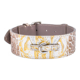 Cream and light brown embossed croc leather pet collar with gold accents and silver buckle, shown against a white background.