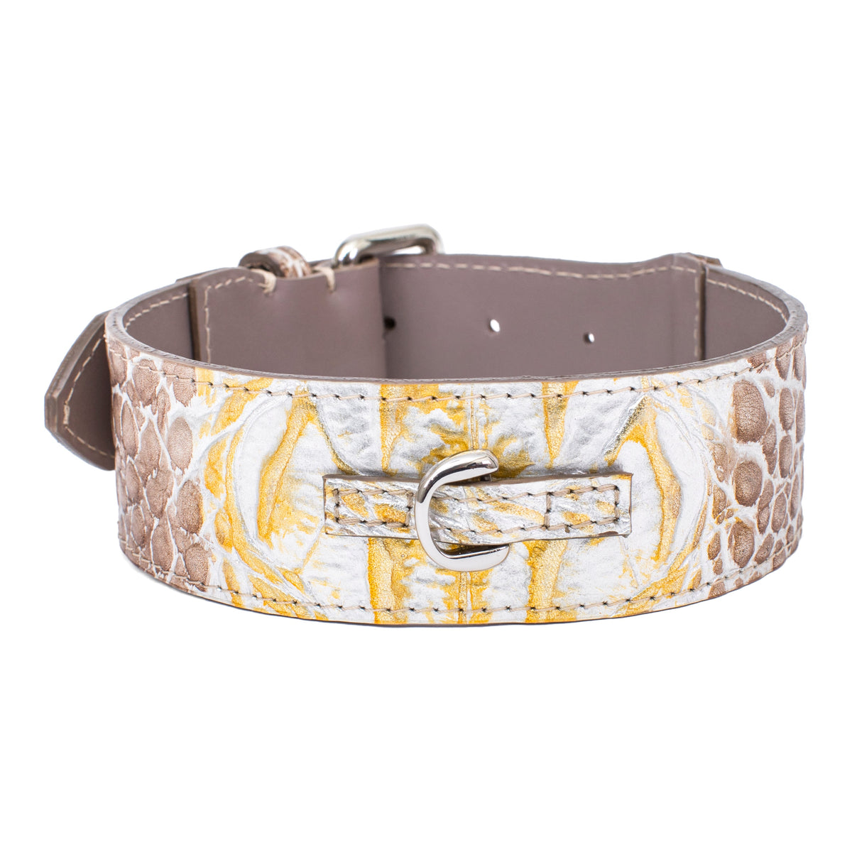 Cream and light brown embossed croc leather pet collar with gold accents and silver buckle, shown against a white background.