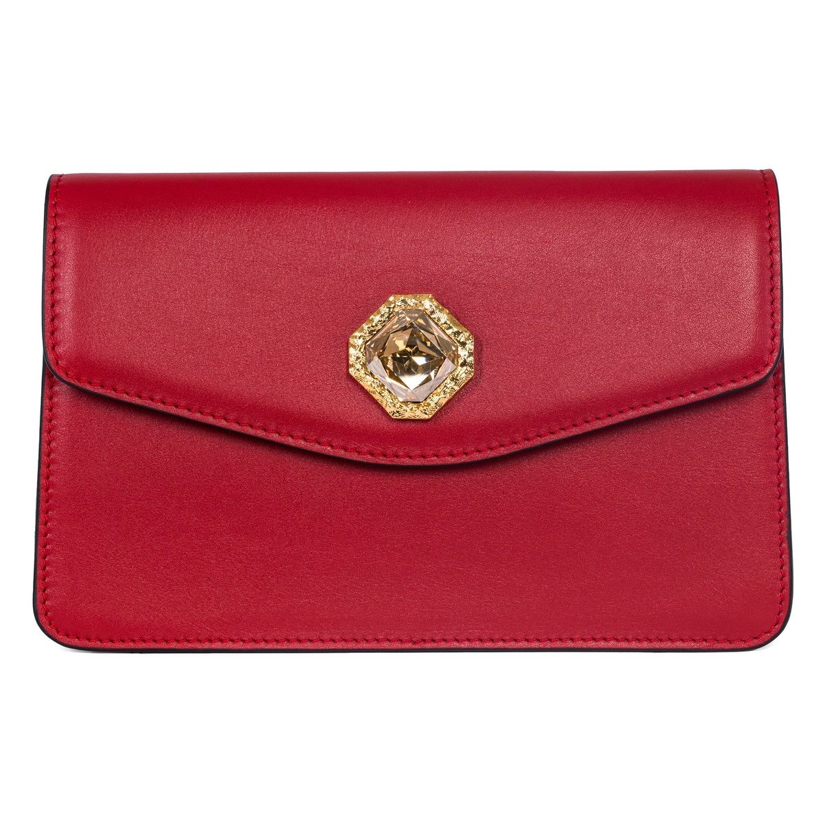 Red leather clutch with angular flap and a central gold-tone trim surrounding a large custom Swarovski stone on the front