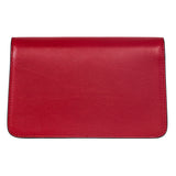 Rectangular red leather clutch with smooth texture and neat stitching along the edges, shown flat against a white background.