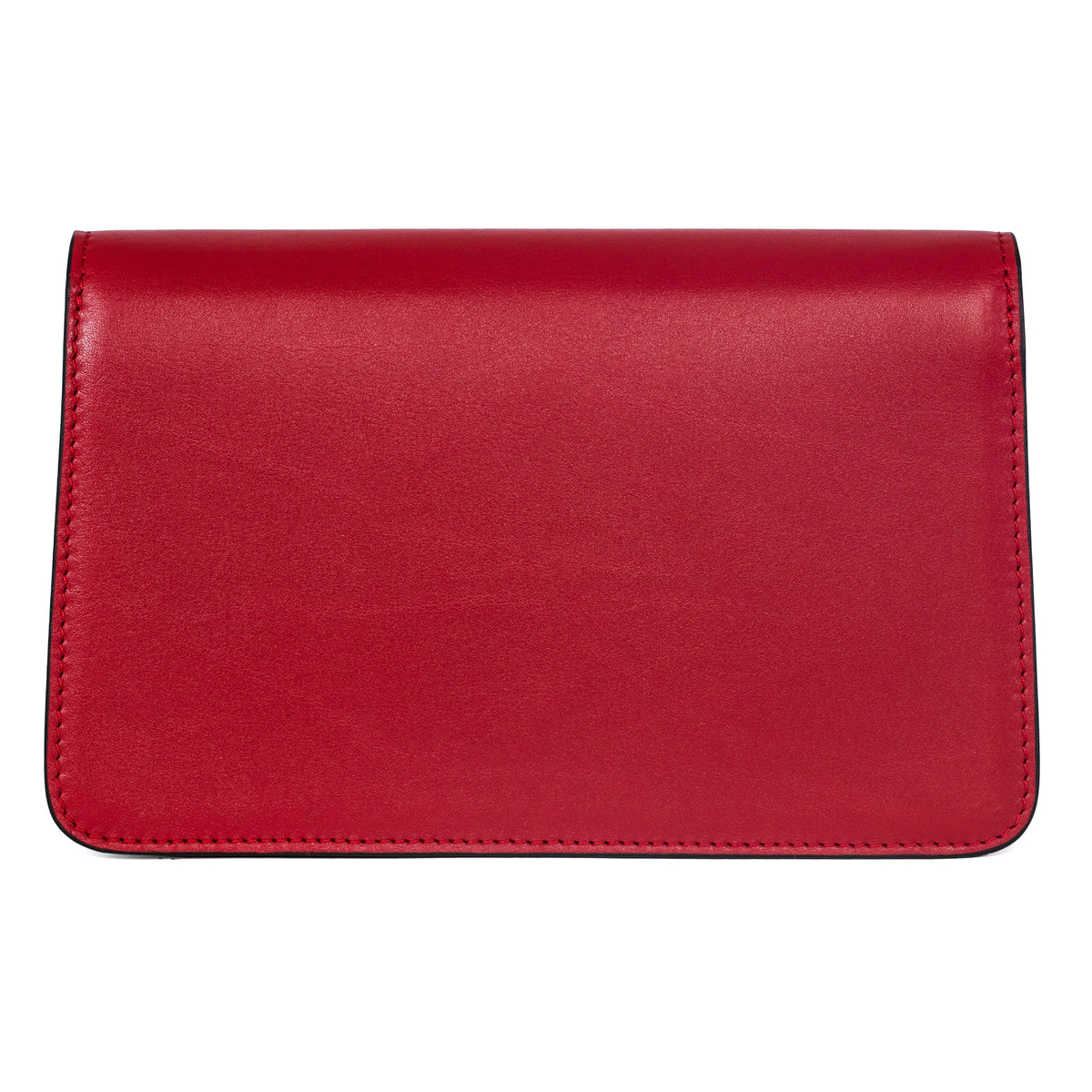 Rectangular red leather clutch with smooth texture and neat stitching along the edges, shown flat against a white background.