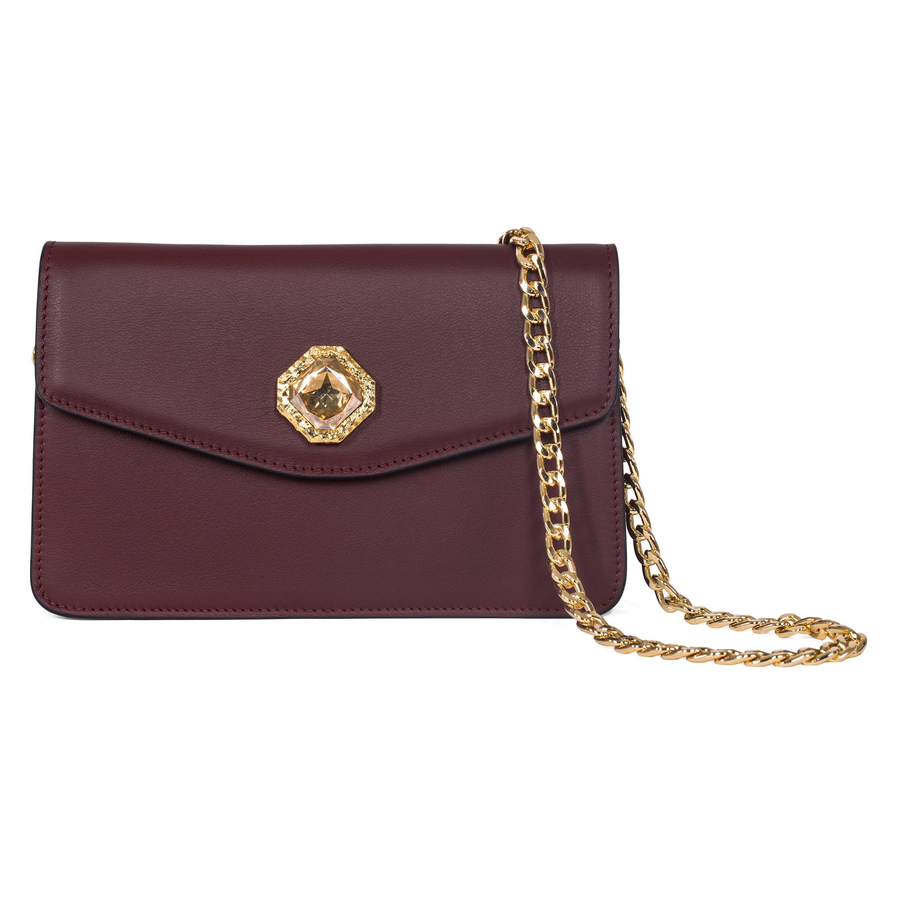 Bordeaux Leather Clutch With Custom Swarovski Stone