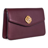 Bordeaux Leather Clutch with custom Swarovski stone and gold chain by Allysa Payne Beverly Hills