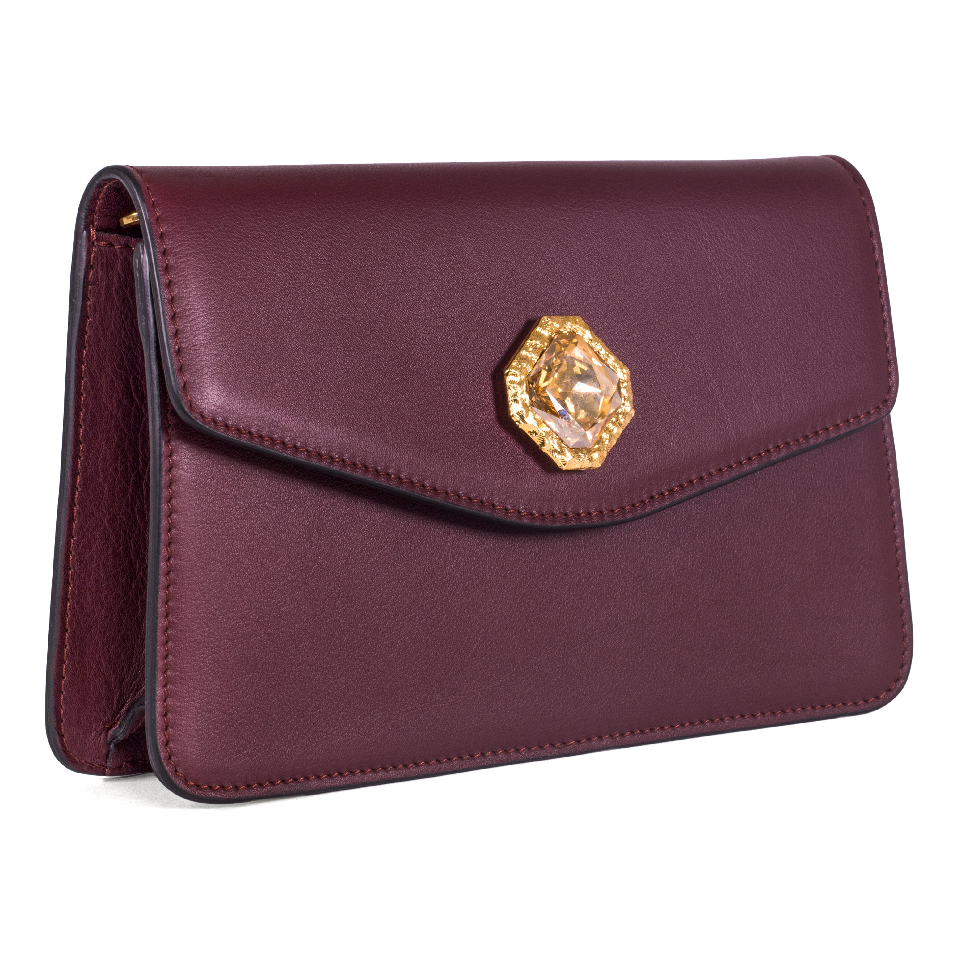 Bordeaux Leather Clutch with custom Swarovski stone and gold chain by Allysa Payne Beverly Hills