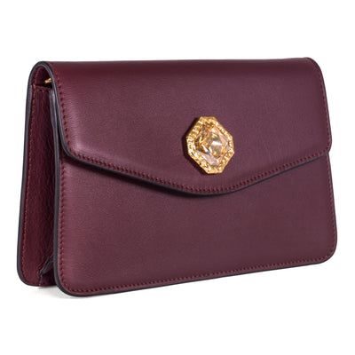 Bordeaux Leather Clutch with custom Swarovski stone and gold chain by Allysa Payne Beverly Hills