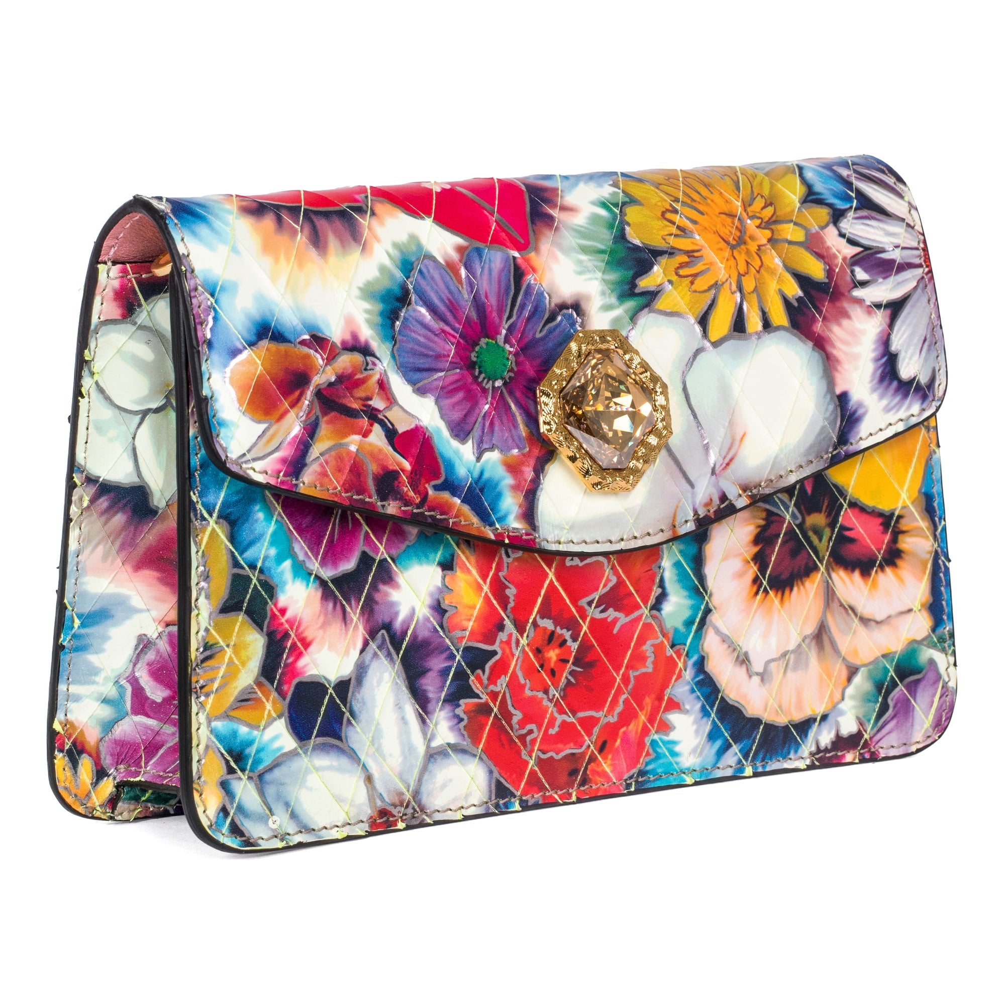 Floral Leather Clutch with digital flower print and Swarovski crystal stone centerpiece