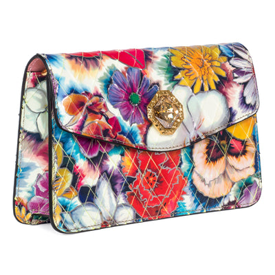 Floral Leather Clutch with digital flower print and Swarovski crystal stone centerpiece