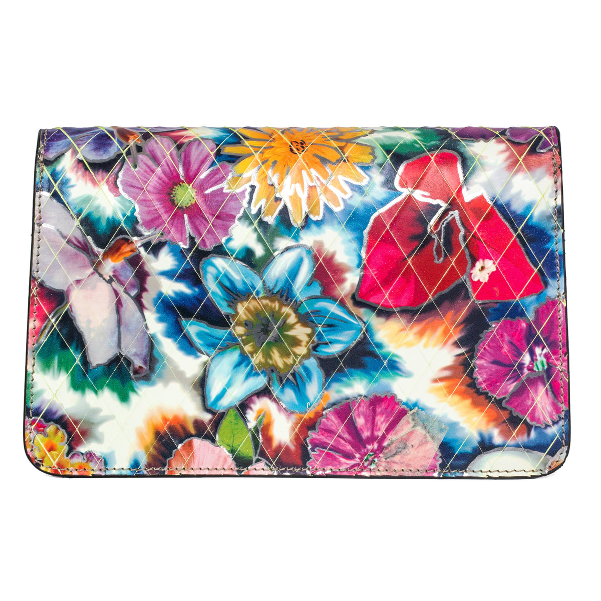Rectangular leather clutch with vibrant multicolored floral patterns in shades of blue, pink, red, orange, and green and diagonal quilting stitching.