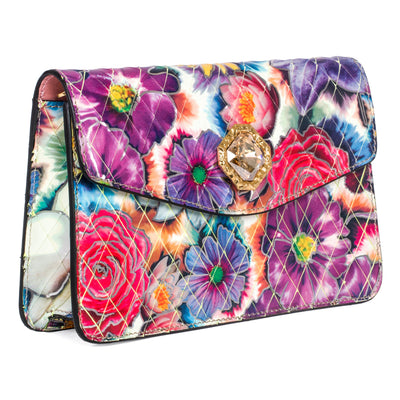 Floral Leather Clutch by Allysa Payne Beverly Hills showing printed flowers and Swarovski stone center