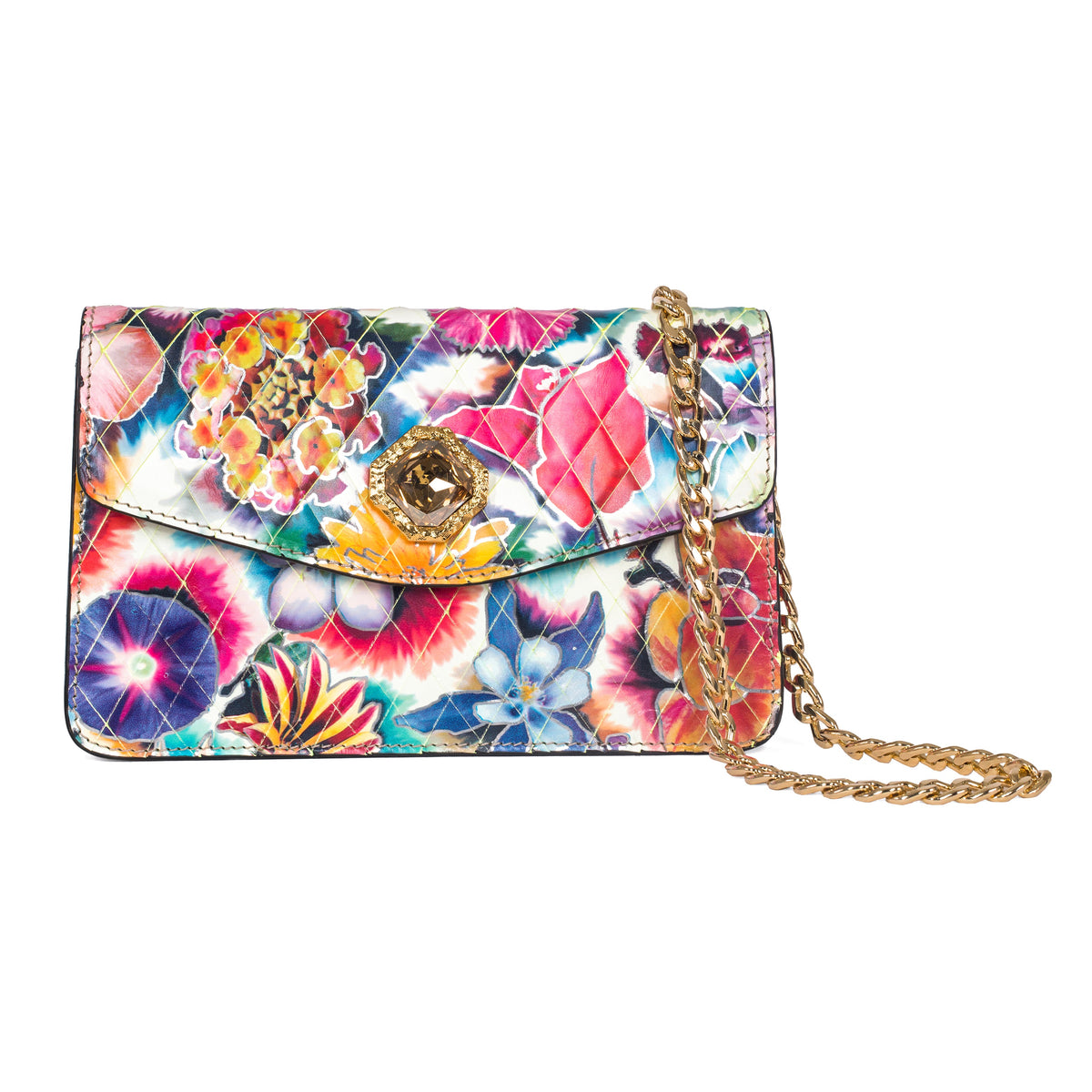 Rectangular floral leather clutch with colorful vibrant flower patterns, diamond-shaped custom Swarovski stone on flap, and gold chain strap on white background.