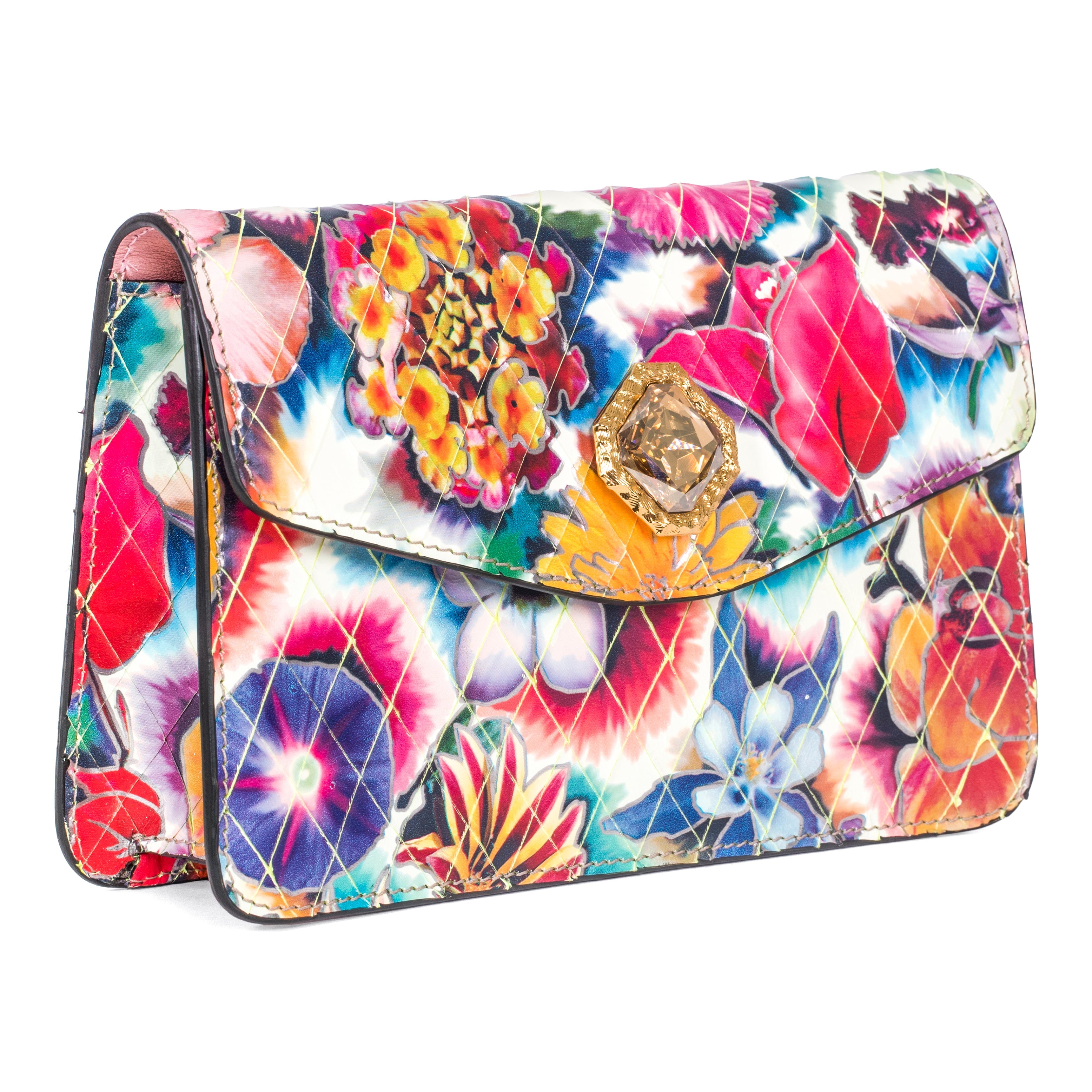 Floral Leather Clutch in soft pastel tones with a Swarovski crystal centerpiece and gold chain by Allysa Payne Beverly Hills