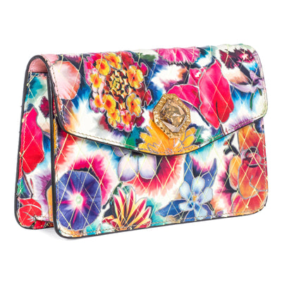 Floral Leather Clutch in soft pastel tones with a Swarovski crystal centerpiece and gold chain by Allysa Payne Beverly Hills