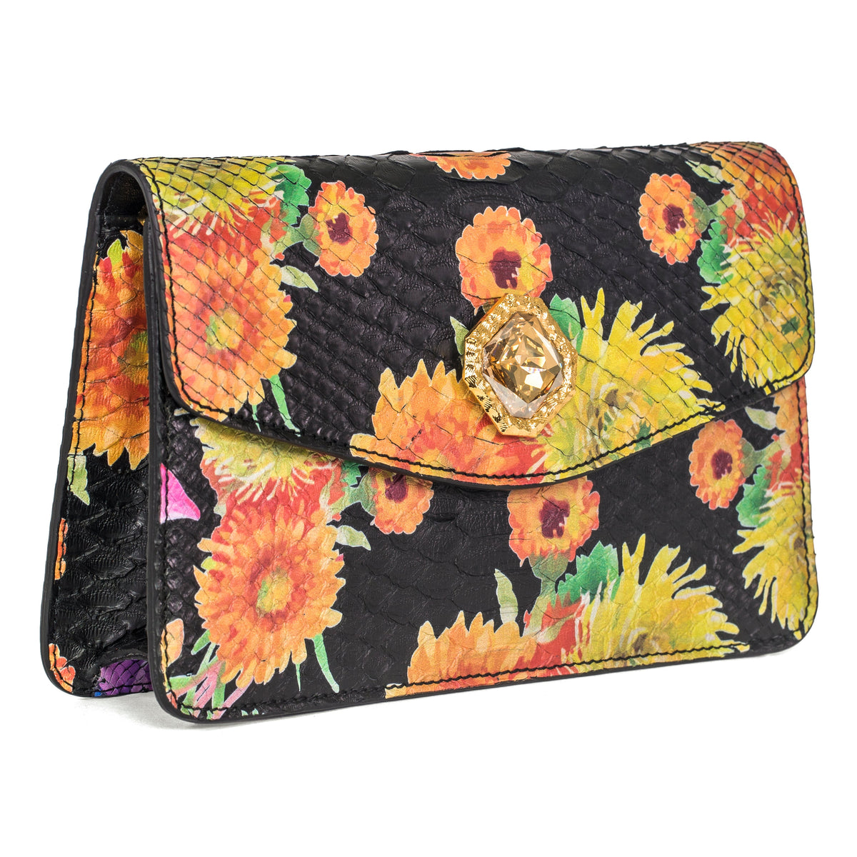 Custom Floral Black Python Clutch With Custom Swarovski Stone by Allysa Payne Beverly Hills - main product image for Resin Society