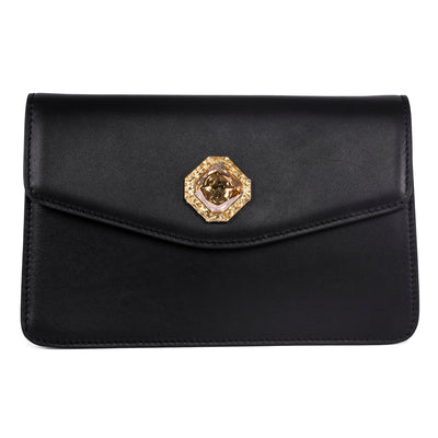 Black Leather Clutch With Custom Swarovski Stone