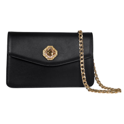 Black Leather Clutch With Custom Swarovski Stone