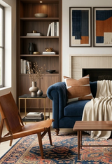 Living room with a deep blue velvet sofa adorned with a clay-colored geometric pillow and cream throw, next to a leather sling chair and patterned rug in warm tones.