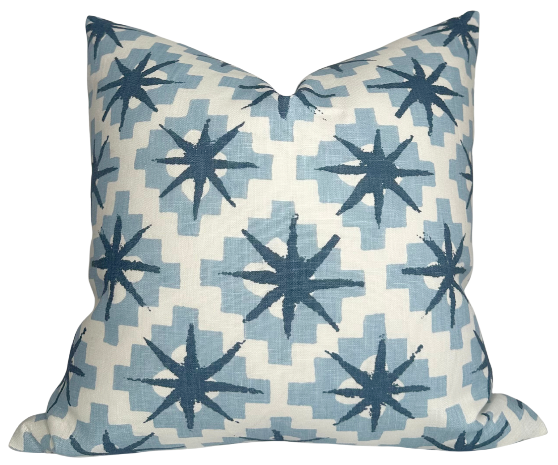 Starburst Pillow Cover in North Blue/Blue showing starburst pattern on front and ivory linen back