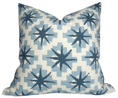 Starburst Pillow Cover in North Blue/Blue showing starburst pattern on front and ivory linen back